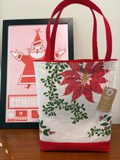 #878 Vintage Linen Christmas Poinsettias Holly Tea Towel Tote Gift Shopping Bag picture