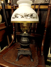 Vtg Currier and Ives Milk Glass Cast Iron Potbelly Stove Electric Lamp 17