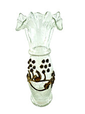 Vintage Vase Crackle Clear Glass Ruffled Top Applied Metal Decoration 8.5” Tall picture