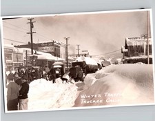 c1940 Winter Traffic Snow Street View TRUCKEE California CA RPPC TRIMMED picture