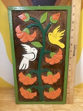 Vtg Mexican Folk Art Carved Wood Wall Plaque Painted Flower Bird Panel 15x8 MCM picture