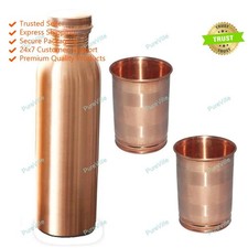 Vintage Pure Copper 700ml Plain Water Bottle and 2 Glass Health Ayurveda Leak picture