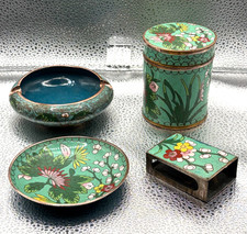 Vintage Chinese Mint Green Cloisonne Enamel Smoking Set 4 Pc Jar Ashtray Marked picture
