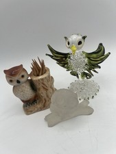 Lot Of 3 Vintage Glass Ceramic Owl Statue Green Owl Figurine Toothpick Holder AC picture
