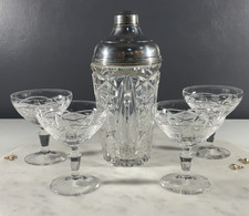 Art Deco Crystal & Sterling Silver Cocktail Shaker + 4 Coupe Glass Set Vintage picture