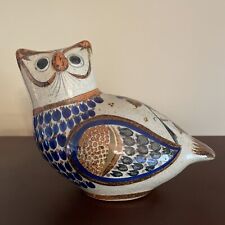 Tonala Mexican Hand Painted Pottery Owl Folk Art Signed 9” X 6” X 5” Blue Brown picture