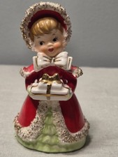 Rare Vintage Geo Z Lefton Christmas Girl Figurine Bell Gift 1950s Spaghetti Trim picture