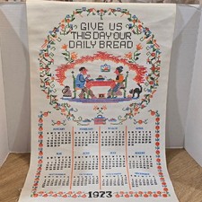 Vintage 1973 Linen Calendar Towel Daily Bread Faux Cross Stitch Printed NOS picture