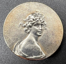 Large Antique silver plated Picture Button ART NOUVEAU female head~ 1-1/16
