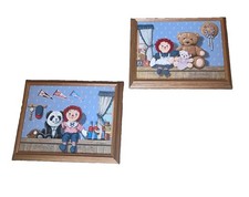 2 nice C. Carson Raggedy Ann & Andy Vintage Canvas Art Pictures Oak Framed  picture