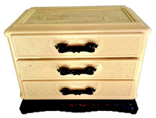 VTG Chinese Celluloid Jewelry Box 3 Drawer Dragon Pulls Scenic Relief Panels picture