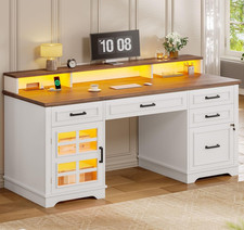 60'' Farmhouse Executive Desk with Drawers, Home Office Desk with Power Outlet & picture