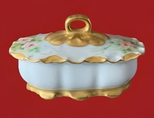Antique Vintage Handpainted Porcelain Trinket Box W Lid Gilding Floral Pattern picture