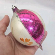 VTG Jumbo 5.5” Christmas Mercury Glass Ornament Poland Pink Tear Drop Flowers picture