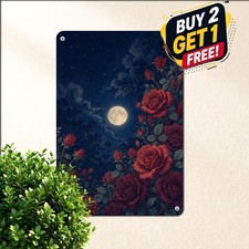 Full Moon Rose Garden Floral Decor Sign Romantic Night Sky Metal Tin Plaque picture