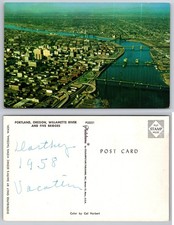 Vintage 1958 Portland Oregon Willamette River Five Bridges Aerial View Postcard picture
