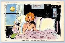 c1930's Greetings From Westernville New York NY Woman On Bed Vintage Postcard picture