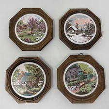 VTG Currier & Ives Wood & Ceramic MCM Wall Hanging Plaques American Four Seasons picture