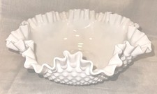 Fenton White Milk Glass Hobnail Bowl 11 Double Crimped Ruffled Centerpiece Dish picture
