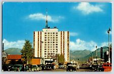 Postcard Anchorage Alaska Mt McKinley Apartments, Drug Store, 1950s Old Cars picture