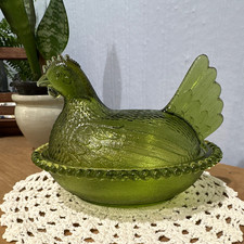 *SLOTTED* Indiana olive Green Glass Hen on Nest HON vintage chicken RARE HTF picture