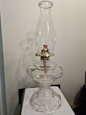 ANTIQUE Clear Glass 8 Sided Oil Lamp with Chimney Brass Burner CLEAN Victorian picture