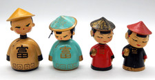 Vintage Asian Bobblehead Hand Painted Ceramic Nodders MCM Japan 4pc Set Figurine picture