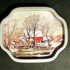 Giftco Currier & Ives Metal Snack trays, set of 6, Winter Farm Scene, Red Barn picture