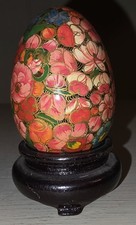 Vintage Hand Painted Wooden Egg Floral Lacquer Decorative Figurine With Stand... picture