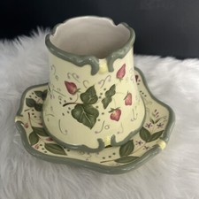 PARTY LITE Strawberry Fields Ceramic Candle Shade Topper 3.75x4.5” & Plate 6.25” picture
