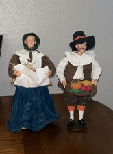 Vintage Pilgrim Paper Mache Doll Pair Thanksgiving Harvest Decor picture