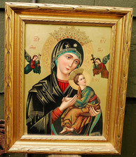 Antique OUR LADY OF PERPETUAL HELP ART LITHOGRAPH Giltwood Frame MADONNA/JESUS picture