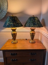 Rare Vintage Pair of Kashmiri Papier Mache Table Lamps w Original Collage Shades picture