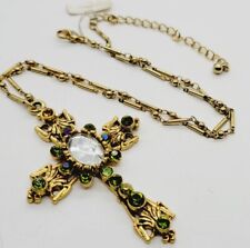 Cross Pendant Necklace Crystal Rhinestone † Chunky Gold Tone STATEMENT 19 in picture