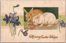Vintage 1910s EASTER Greetings Postcard Bunny Rabbits Violet Flowers / Real SILK picture