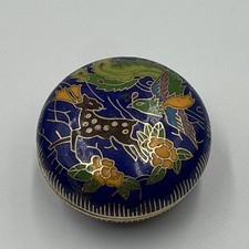 Vintage Chinese Cloisonné Blue Enamel Deer & Phoenix Trinket Box picture