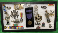 Estate Vintage US Military Memorabilia Shadow Box Display Lot - Pins Medals picture
