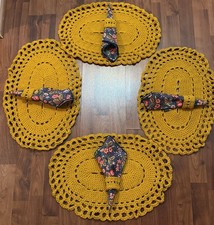 Handmade Mustard Yellow Crochet Placemats Oval Floral Napkins + Rings Set of 4 picture