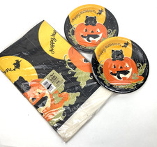 Vintage CA Reed Halloween Paper Plates Tablecloth Black Cat Pumpkin Party Set picture