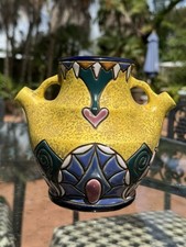 Art Nouveau Czech Amphora Sponge Mottled Ceramic 6” Vase with 3 Holes picture