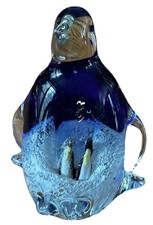 Vintage Penguin Paperweight Art Glass Hand Blown Snow Scape Inside Baby Penguins picture