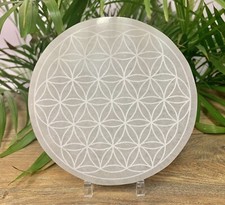 6” Flower Of Life Selenite Plate Engrave Chakra  Crystal Recharging Stone Tike. picture