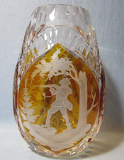 Antique Bohemian Amber Art Glass Cut-to-Clear STAG HUNTER GROUSE Vase picture