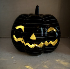 MIKASA Halloween Lighted Ceramic Pumpkin Jack O Lantern Black White Stripes NEW picture