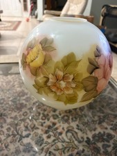 Vintage 9” Hand Painted Pink Peony Glass Round Ball Globe Hurricane Lamp Shade picture