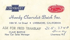 1940s HOWDY CHEVROLET BUICK CAR DEALERSHIP C. Buethe BUSINESS CARD Livermore CA picture