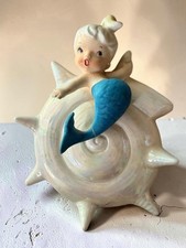 Vintage Ceramic LEFTON Mermaid Wall Plaque on Shell Pearlized  Cute 🩱 picture