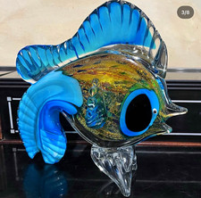Blue & Gold Handmade Glass Fish Figurine Sculpture Decorative Collectible picture
