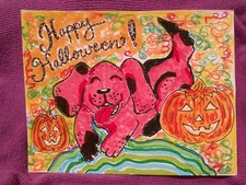 Vintage Style Halloween Greeting Card - Cute Dog and Pumpkins - Handmade picture