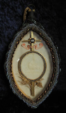 ANTIQUE FRENCH NUNSWORK BEADED REQUILARY MEDALLION HABIT RELIC AGNUS DEI CASED picture